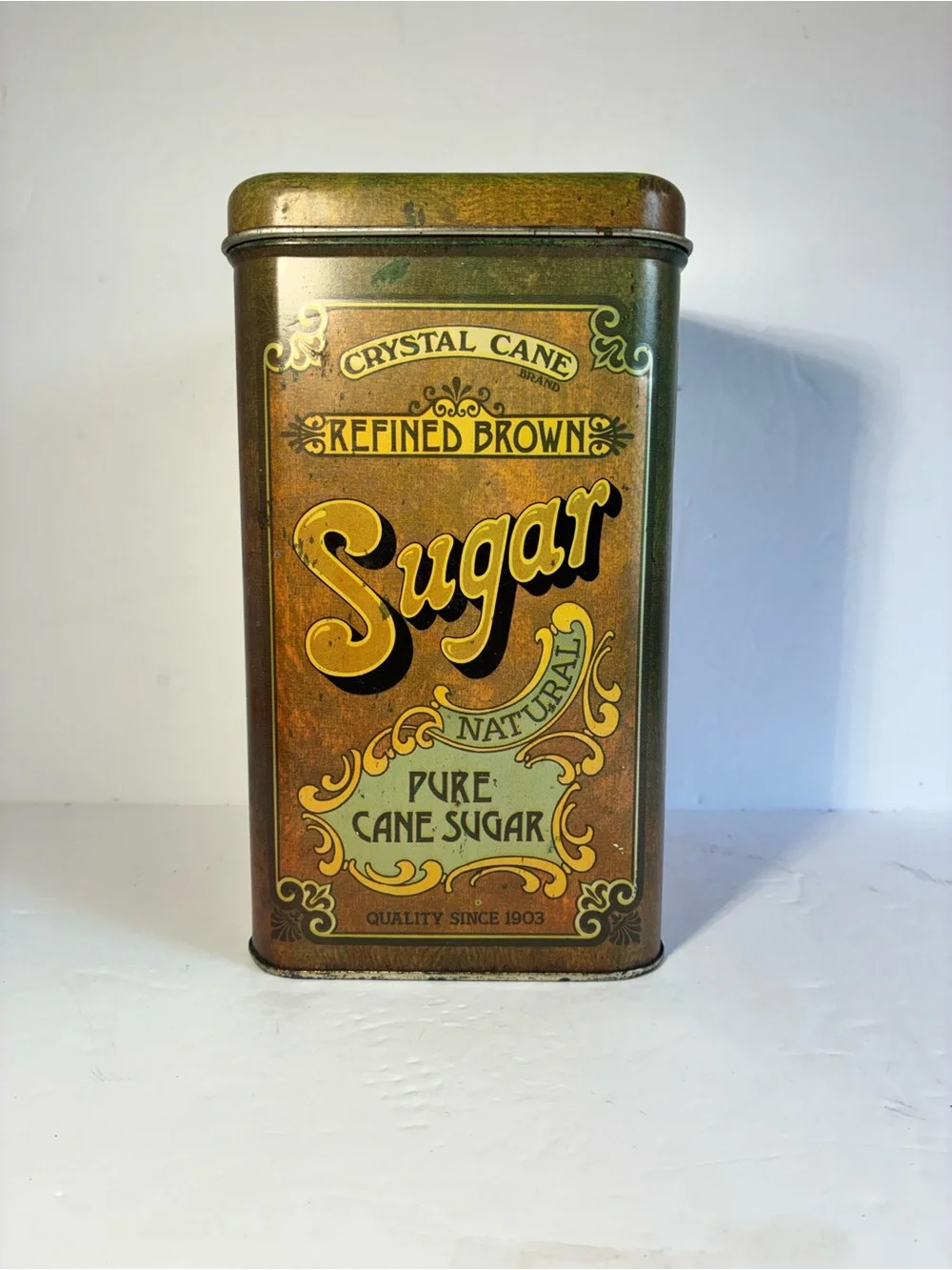 Vintage CHEINCO Crystal Cane Sugar Tin Canister 1970s Brown Pure Cane Sugar